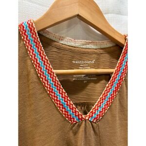 Westbound Petites Brown Cotton Embroidered V Neck Short Sleeve Top Size PS